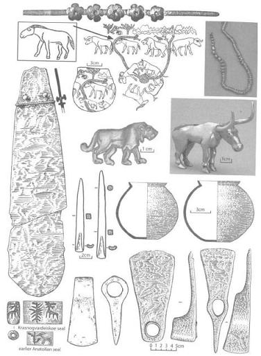 Przedmioty z kurhanów odzów z kultury Majkop z Przedkaukazia - Płd. Rosja ( 3500 - 2500 przed Chrystusem) wg Anthony 2007